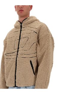 Diesel men’s zat sweatshirt beige sherpa-lined hooded jacket with black zipper and stitched geometric paneling