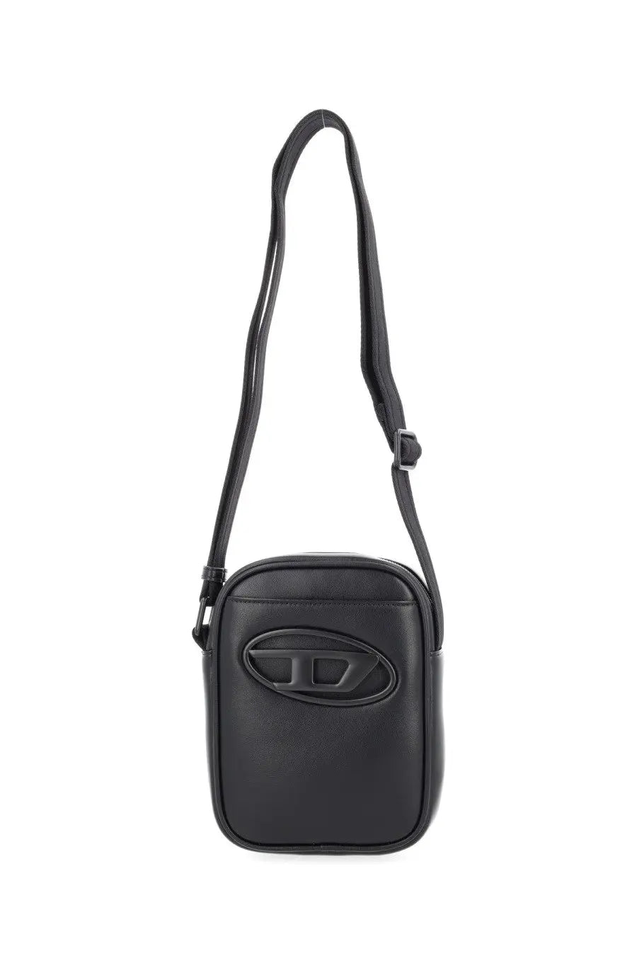 Black leather crossbody bag with prominent embossed logo on front by diesel unisex holi black model
