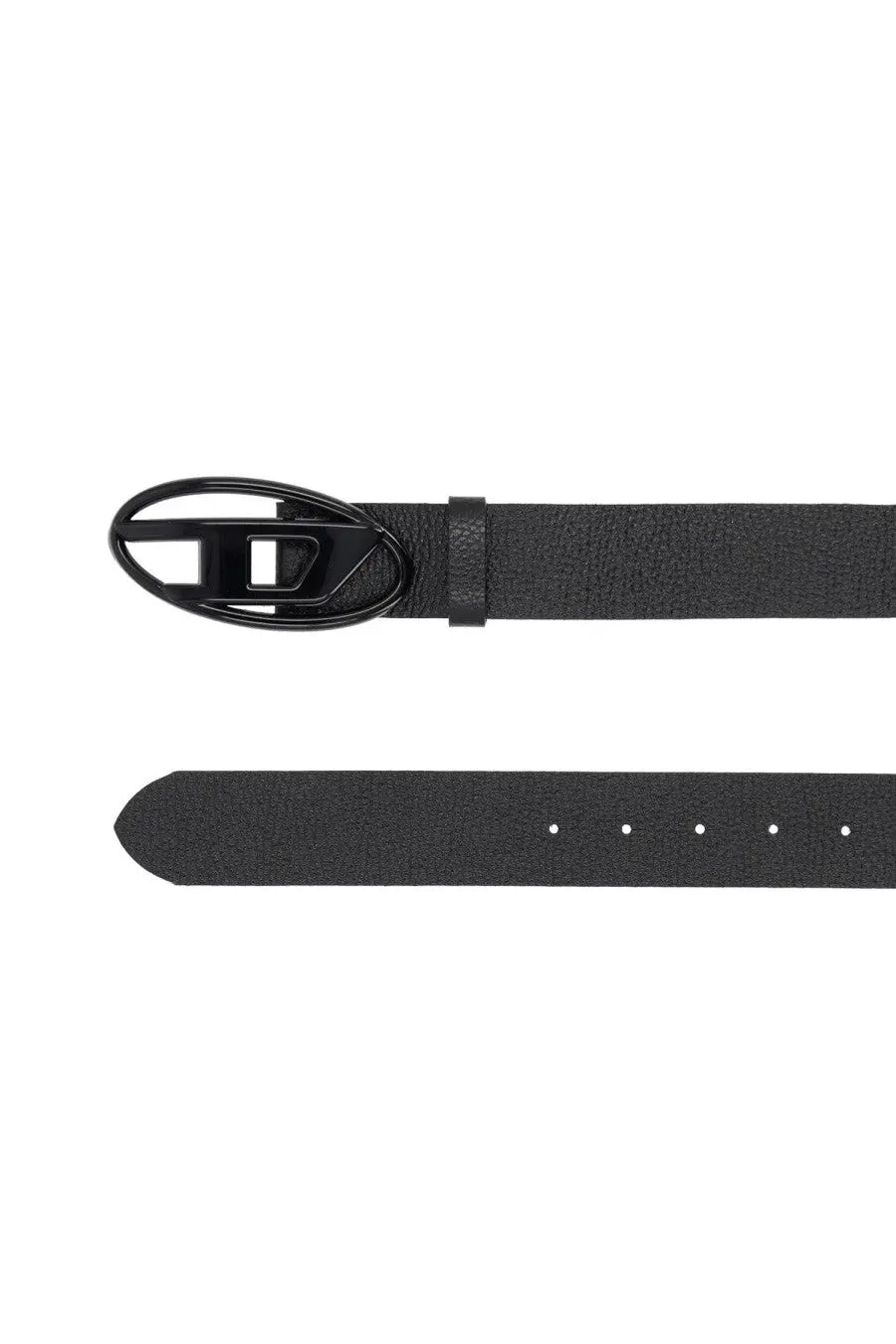 Diesel unisex black leather belt with sleek oval black metal buckle featuring an embossed logo