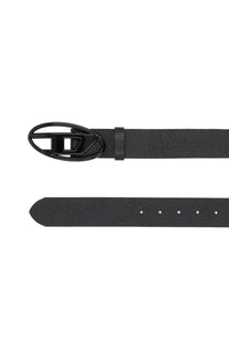 Diesel unisex black leather belt with sleek oval black metal buckle featuring an embossed logo