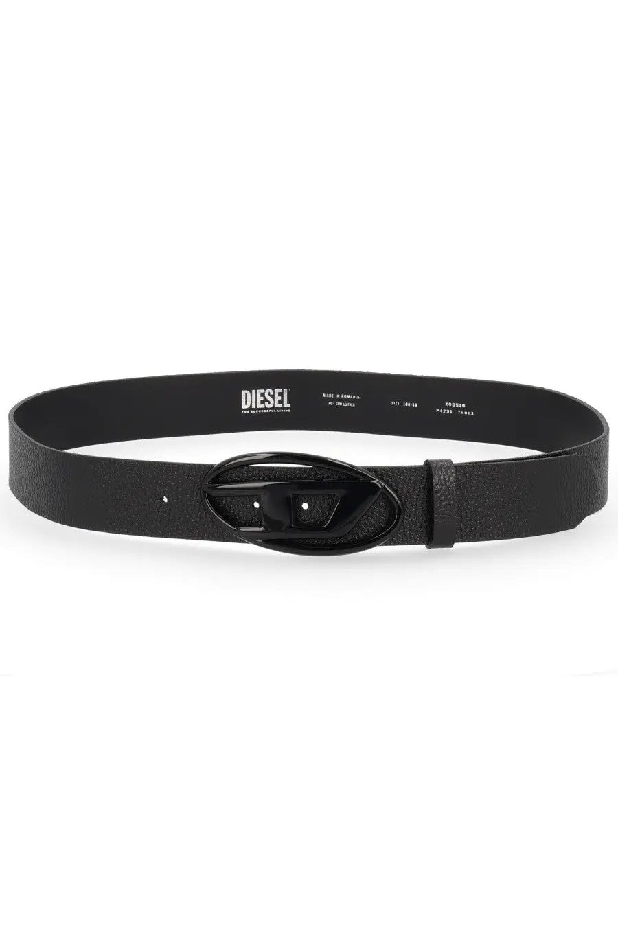 Diesel unisex belt black with a matte-finished buckle and textured leather strap in black color