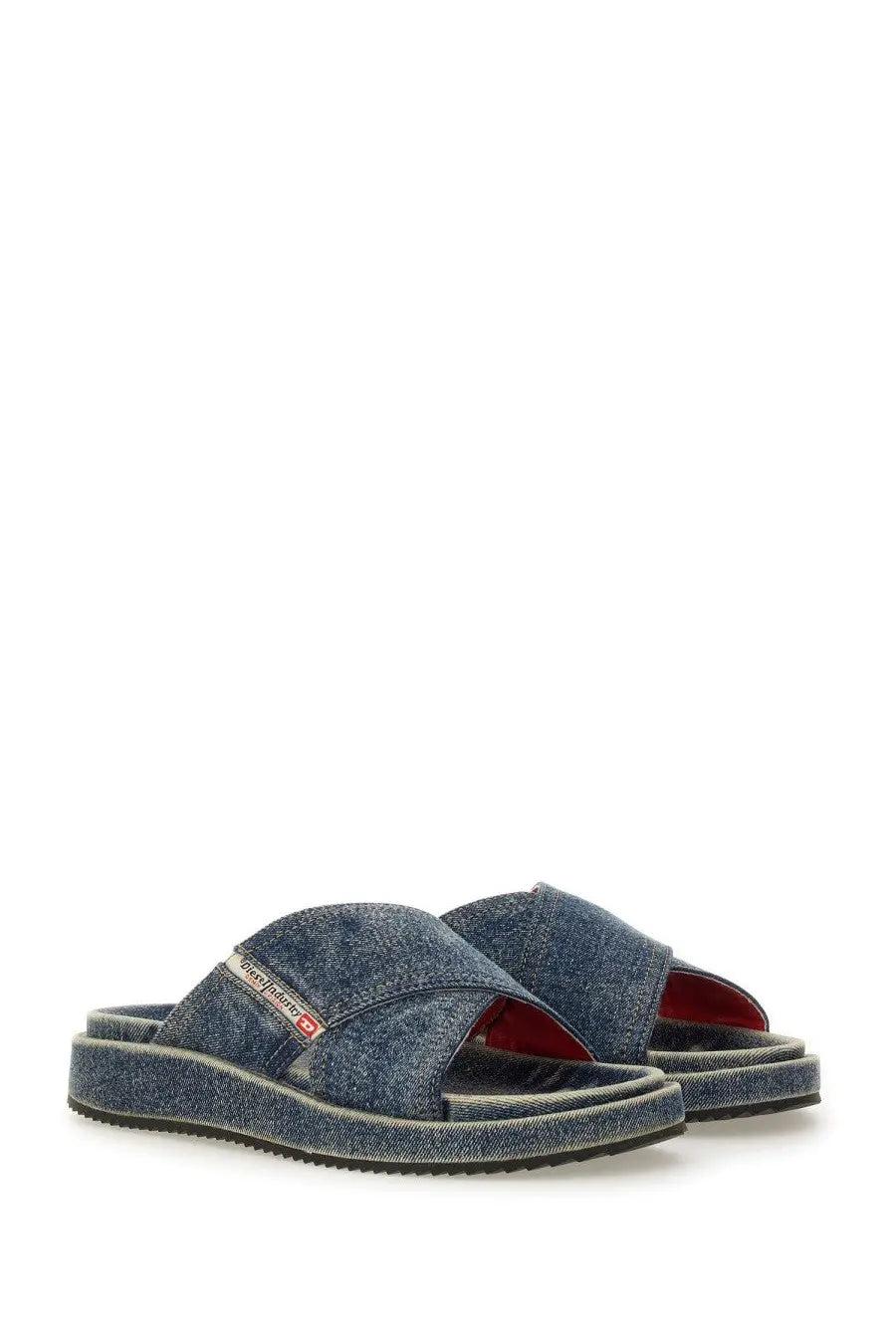 Diesel unisex slide sandal with blue denim upper red interior and black rubber sole for casual wear