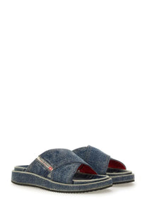Diesel unisex slide sandal with blue denim upper red interior and black rubber sole for casual wear