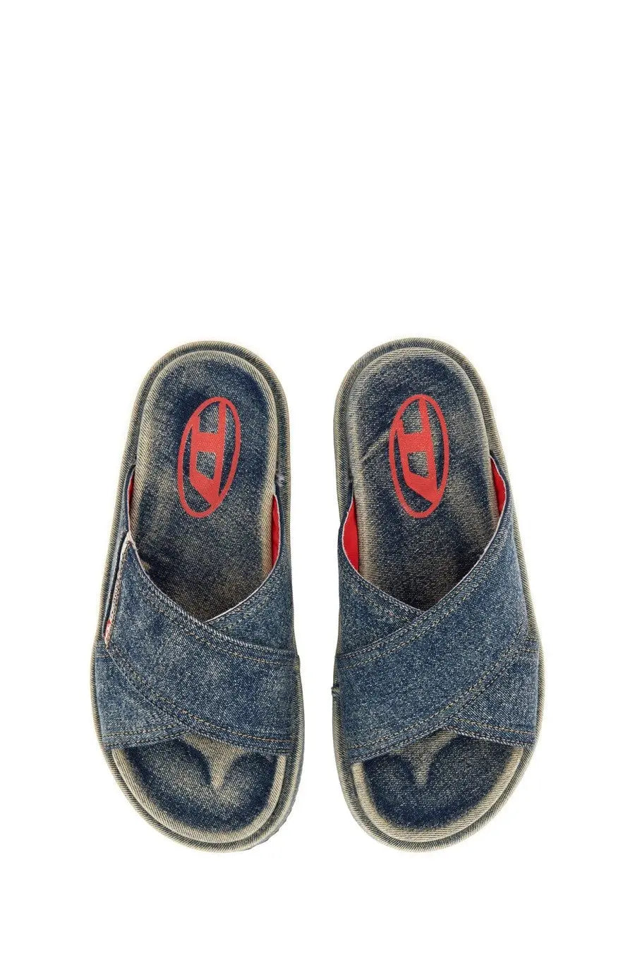 Diesel unisex slide sandals in blue denim with a red logo on the insole perfect for casual wear