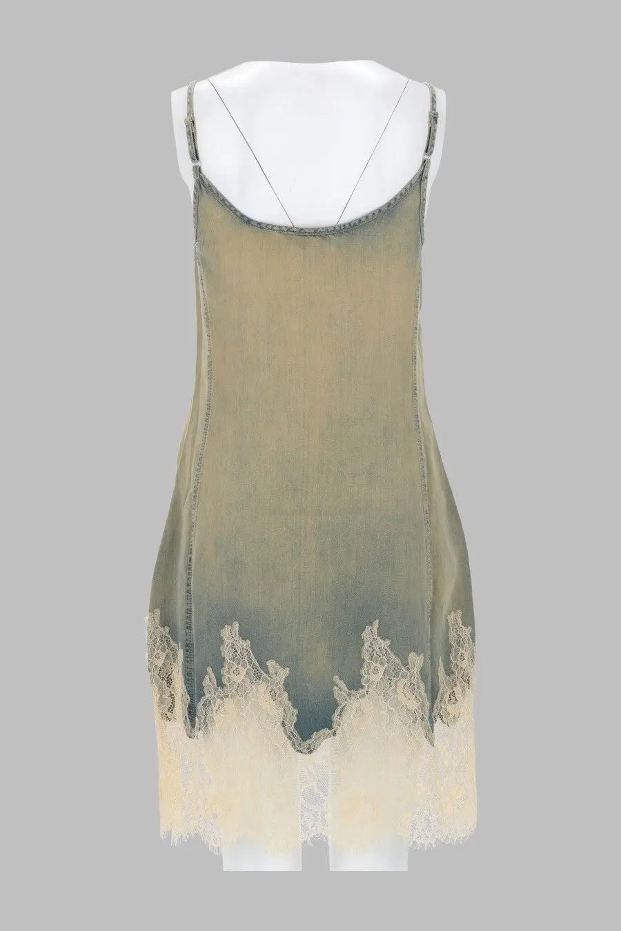 Diesel women’s abito corto in pizzo denim blue silk slip dress with olive-green gradient and white lace trim