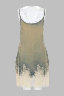 Diesel women’s abito corto in pizzo denim blue silk slip dress with olive-green gradient and white lace trim