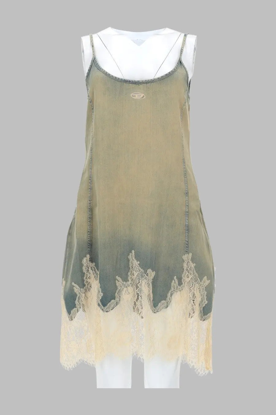 Diesel women’s abito corto olive green sleeveless dress with lace trim and subtle stitching details