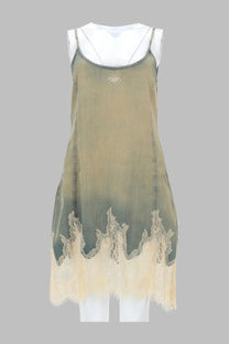 Diesel women’s abito corto olive green sleeveless dress with lace trim and subtle stitching details