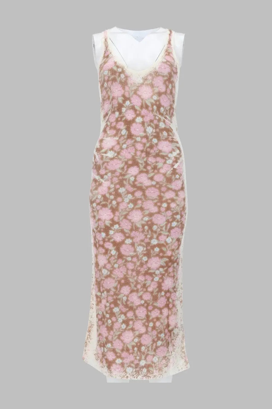 Diesel women’s Abito Midi Blom blue delicate pink floral lace midi dress with v-neckline and side slit