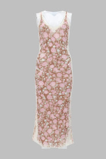 Diesel women’s Abito Midi Blom blue delicate pink floral lace midi dress with v-neckline and side slit
