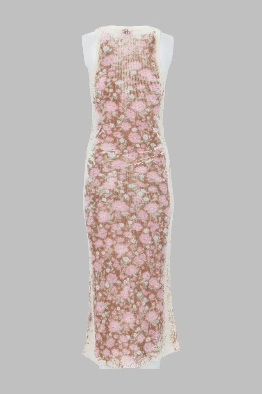 Diesel women’s abito midi blom blue sleeveless knee-length dress with pink floral sheer mesh fabric and white side trim