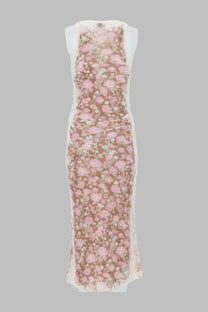 Diesel women’s abito midi blom blue sleeveless knee-length dress with pink floral sheer mesh fabric and white side trim
