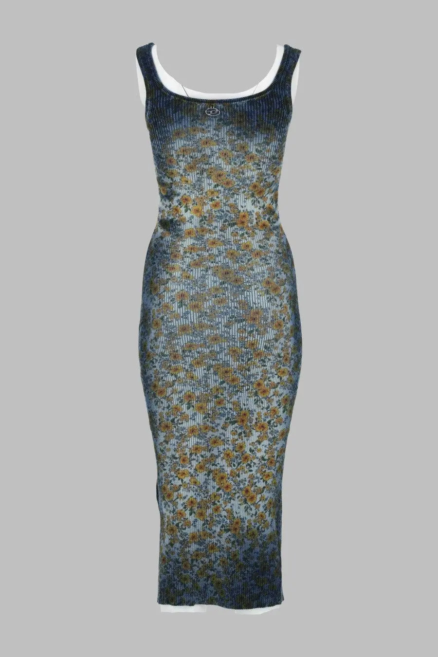 Diesel women’s abito midi egita blue navy blue and gray ribbed knit midi dress with floral pattern and white scoop neckline