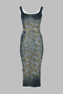 Diesel women’s abito midi egita blue navy blue and gray ribbed knit midi dress with floral pattern and white scoop neckline
