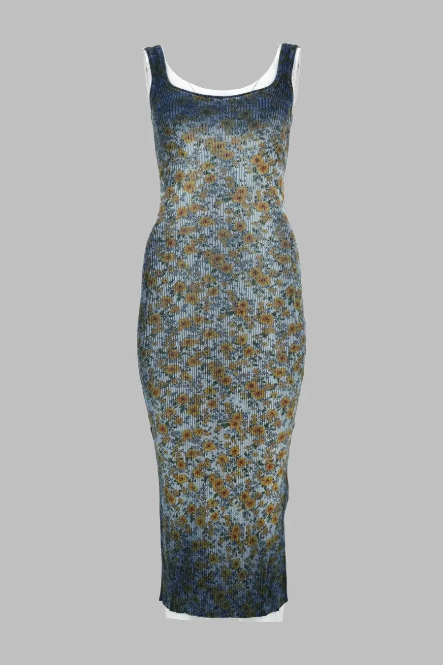 Diesel women’s abito midi egita blue ribbed sleeveless midi dress with faded blue and yellow floral pattern and white lining