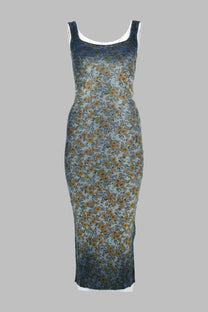 Diesel women’s abito midi egita blue ribbed sleeveless midi dress with faded blue and yellow floral pattern and white lining