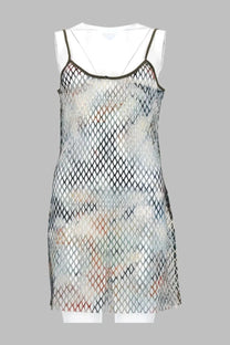 Diesel women’s abito rete con stampa multicolor sheer sleeveless dress with black mesh overlay and abstract watercolor print