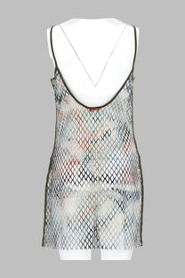 Diesel women’s abito rete con stampa multicolor sheer sleeveless mesh dress with black trim and abstract watercolor print