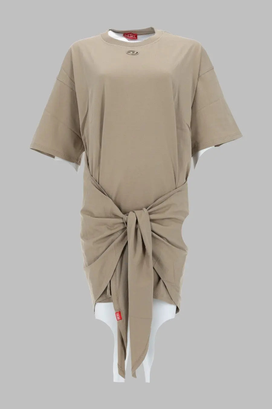 Beige oversized Diesel women’s t-shirt dress with knotted front detail and white inner lining