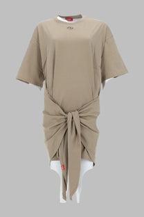 Beige oversized Diesel women’s t-shirt dress with knotted front detail and white inner lining