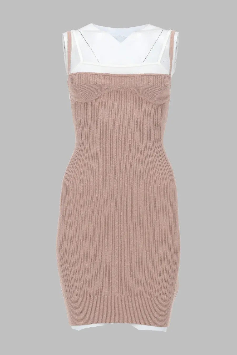 Diesel women’s fitted ribbed blush pink knit dress with white sheer panel at neckline and hem