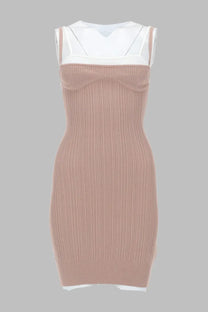 Diesel women’s fitted ribbed blush pink knit dress with white sheer panel at neckline and hem