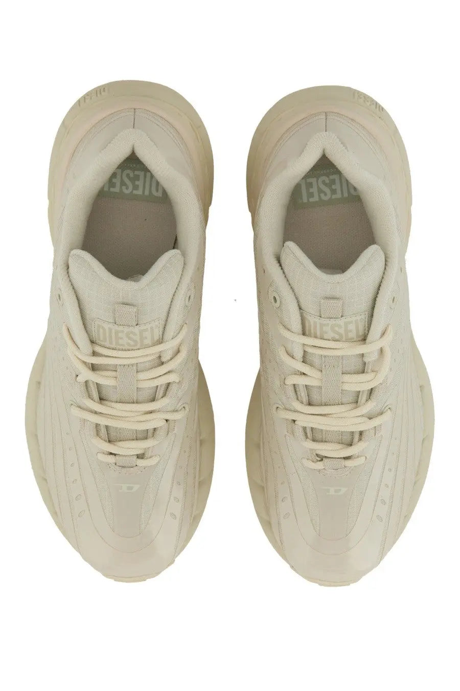 Cream-colored Diesel women’s Airspeed sneaker with chunky textured sole and matching laces in white