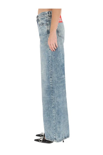 Diesel women’s Akemi jeans blue light-wash denim wide-leg cut with red brand label at the waistband front view