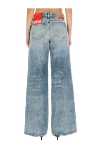 Diesel women’s Akemi jeans blue light-wash denim wide-leg with faded distressed look and red Diesel label at waistband