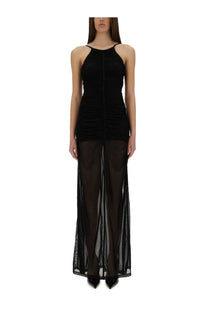 Diesel women’s Amami long black halter-neck gown with ruched detailing and sheer mesh overlay