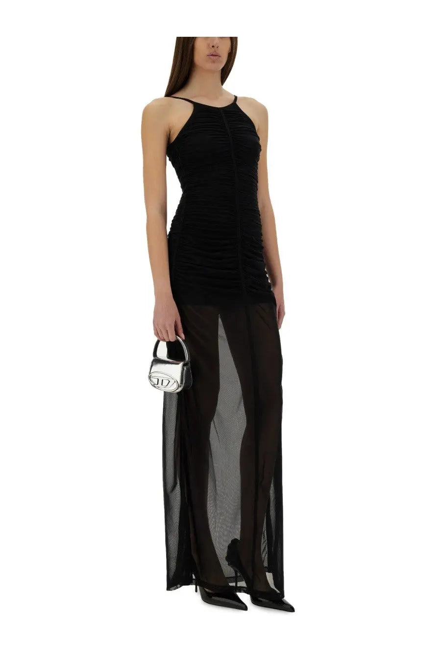 Silver metallic mini handbag with structured rounded shape and embossed logo detail paired with diesel women’s amami long dress black
