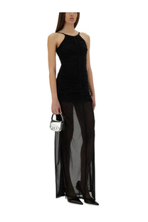 Silver metallic mini handbag with structured rounded shape and embossed logo detail paired with diesel women’s amami long dress black
