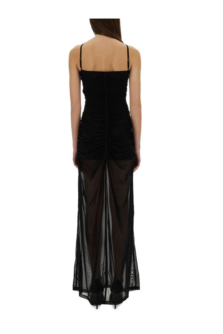 Diesel women’s amami long dress black in black velvet and sheer mesh with thin spaghetti straps