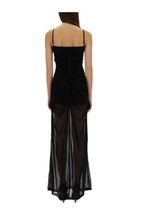 Diesel women’s amami long dress black in black velvet and sheer mesh with thin spaghetti straps