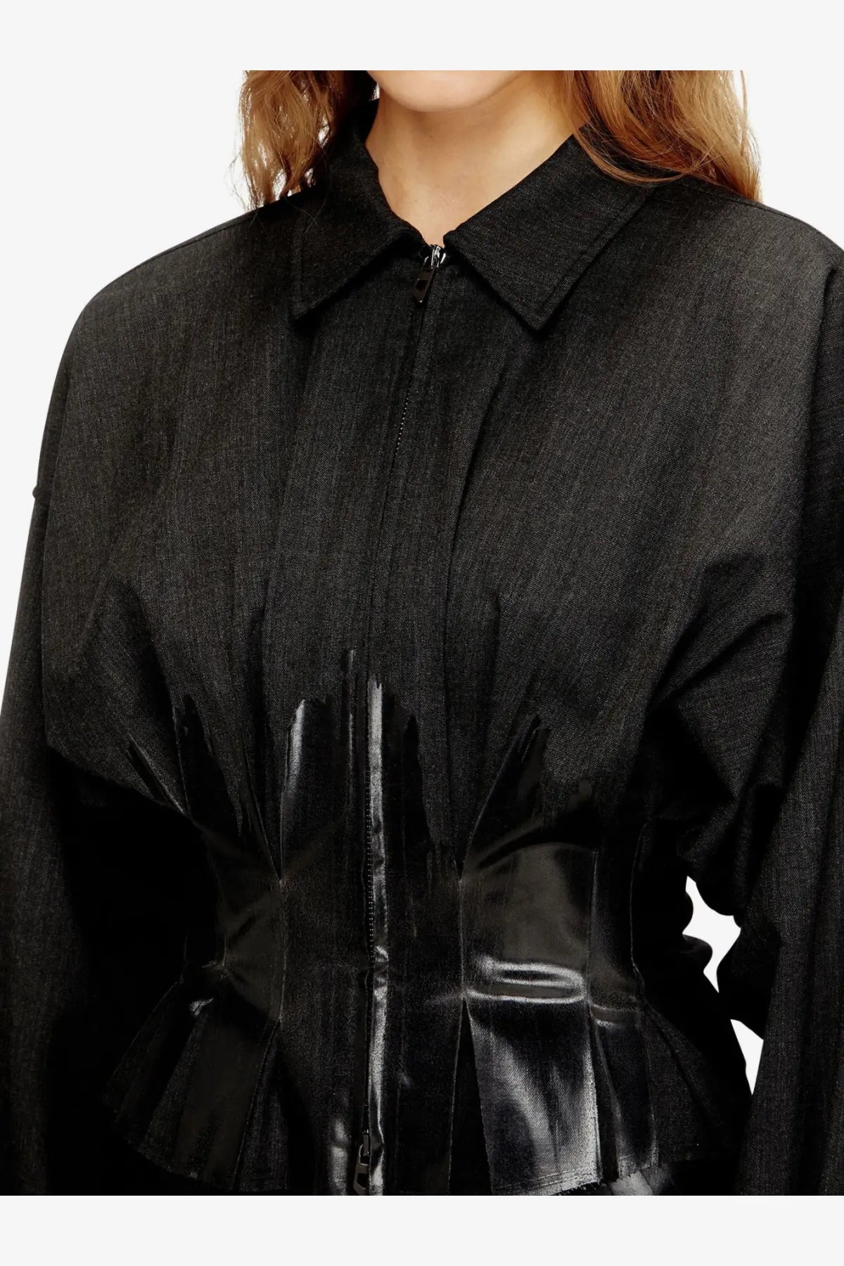 Diesel women’s Anbu black virgin wool blend jacket with structured collar zipper front and gloss black pleated waist panel