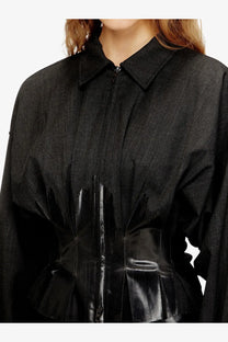 Diesel women’s Anbu black virgin wool blend jacket with structured collar zipper front and gloss black pleated waist panel
