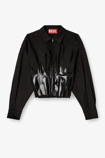 Black diesel women’s anbu virgin wool blend cropped jacket with a glossy sculpted front panel
