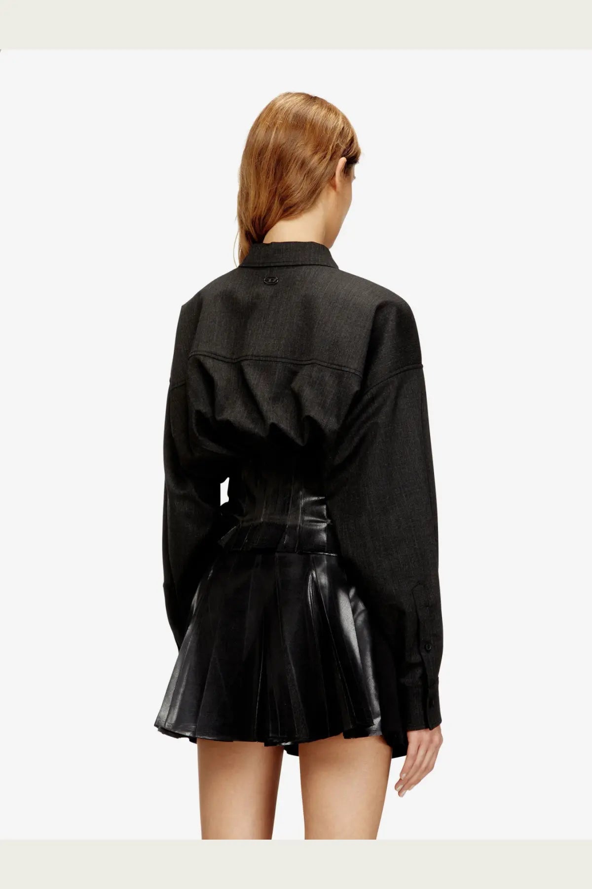 Diesel women’s anbu virgin wool blend jacket black shown with black denim-like shirt and pleated faux leather skirt