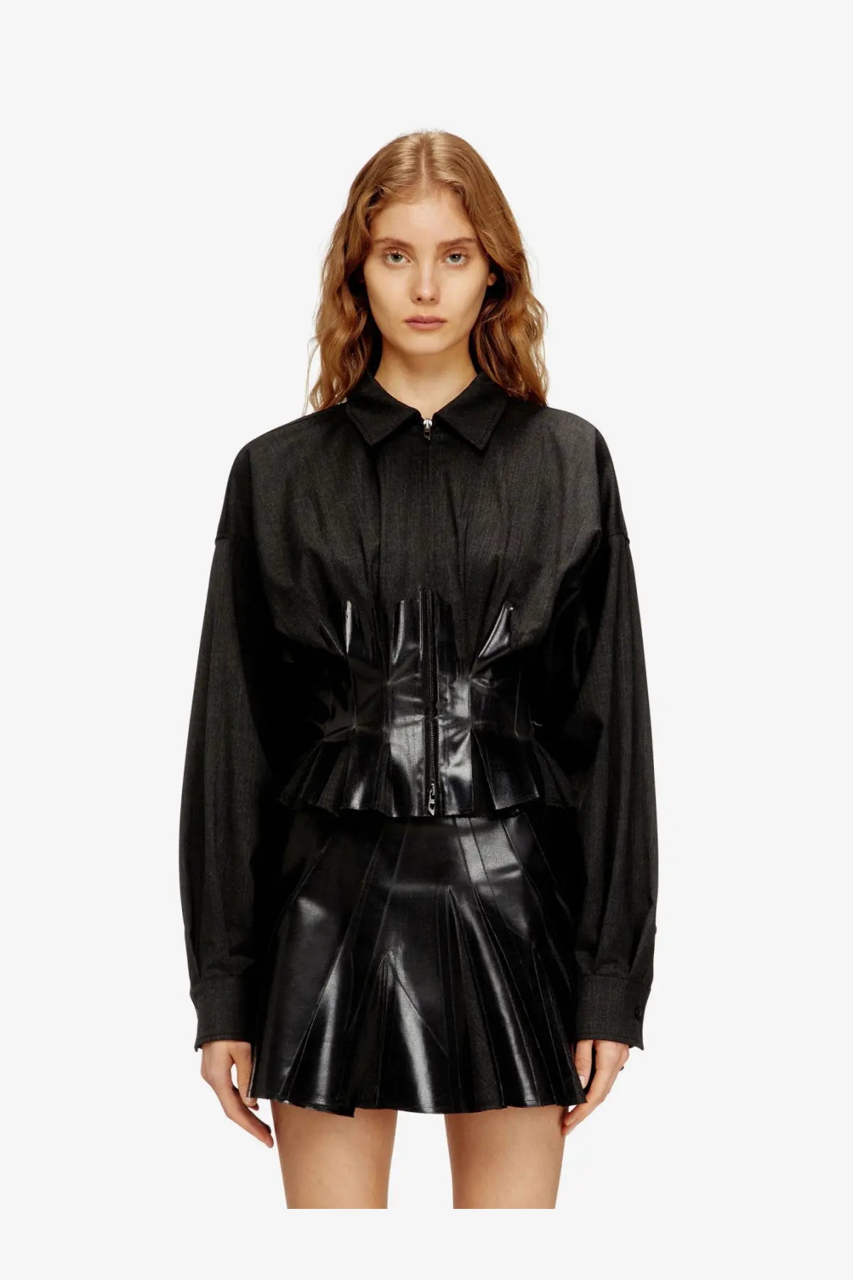 Black pleated faux leather jacket with structured corset-style waistband and long sleeves from diesel women’s anbu collection