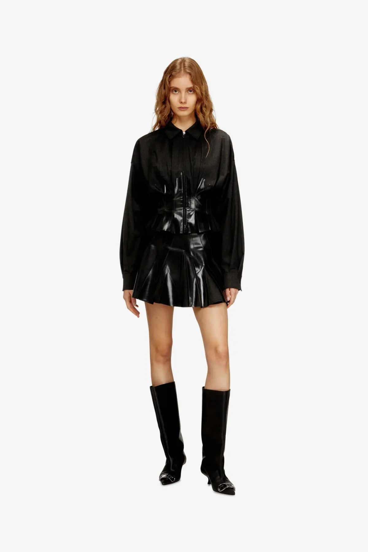 Diesel women’s anbu virgin wool blend jacket black shown with a black satin blouse and glossy patent leather skirt