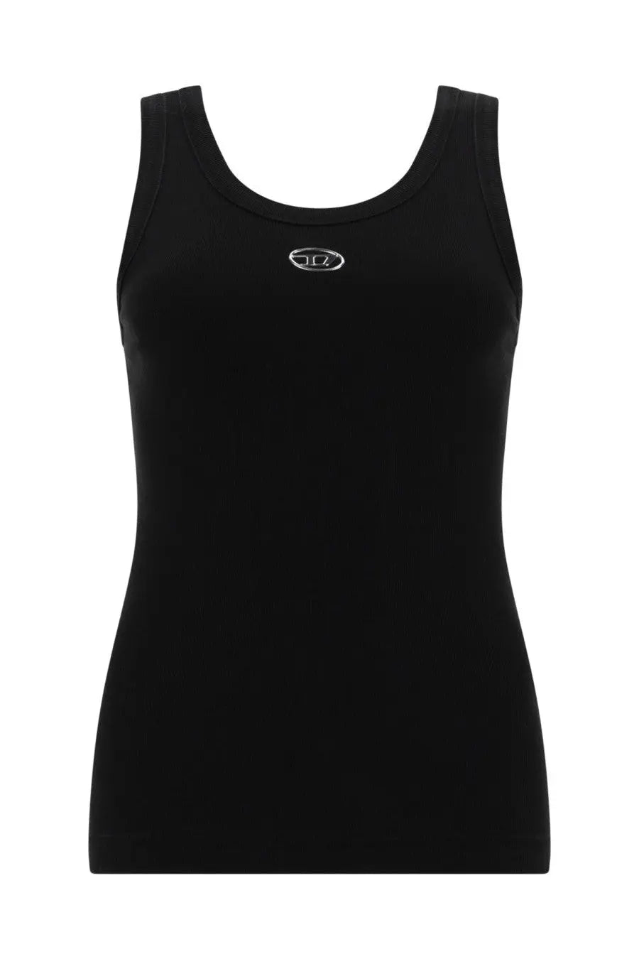 Diesel women’s Anki OD black sleeveless tank top with subtle silver logo embroidered at the neckline