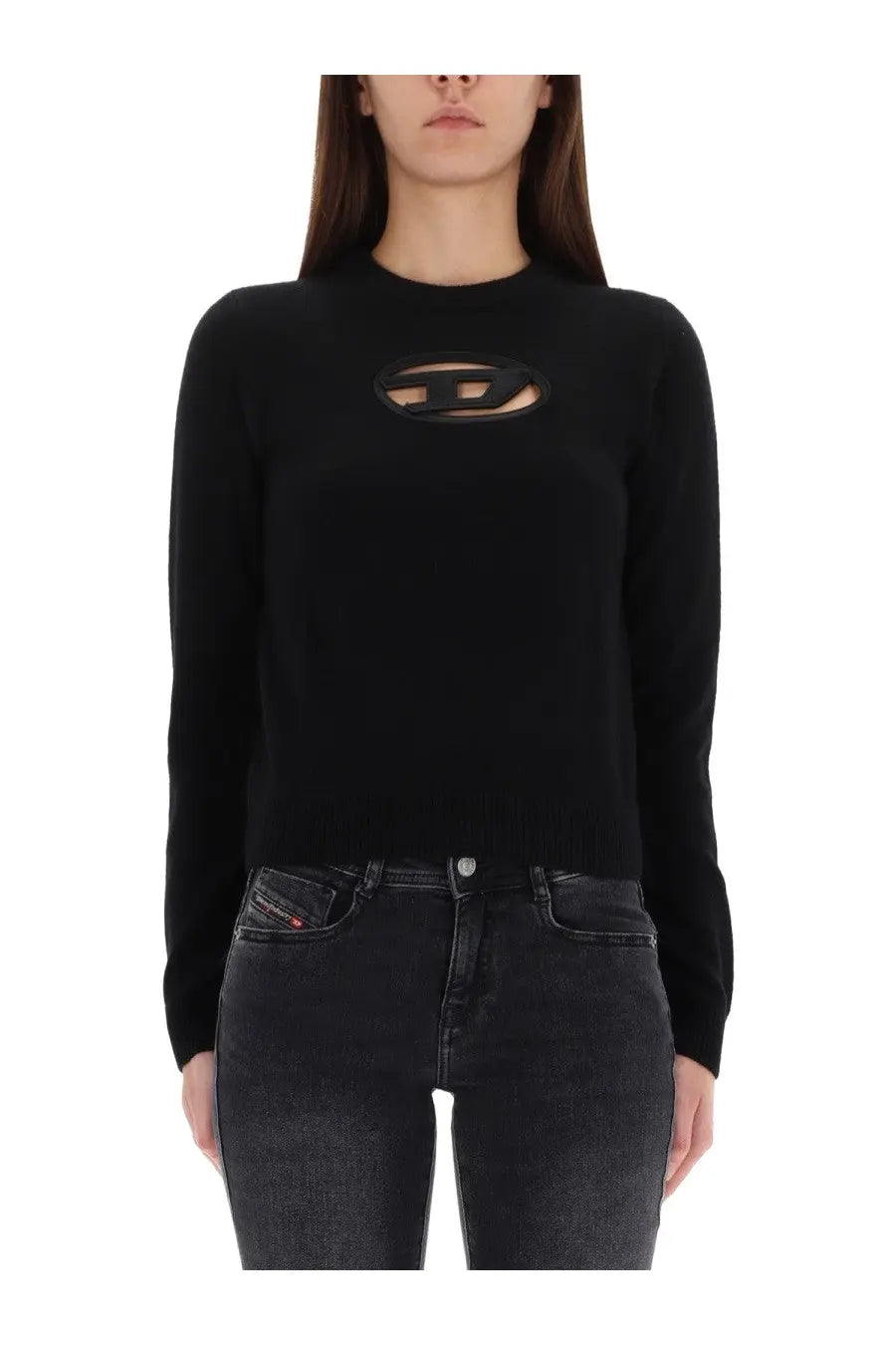Diesel women’s Areesa Jersey black long-sleeved sweater with cut-out logo detail on the chest in knit fabric