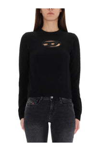 Diesel women’s Areesa Jersey black long-sleeved sweater with cut-out logo detail on the chest in knit fabric