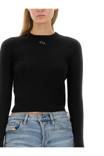 Diesel women’s Areesax black cropped knit top with long sleeves and subtle logo at the neckline
