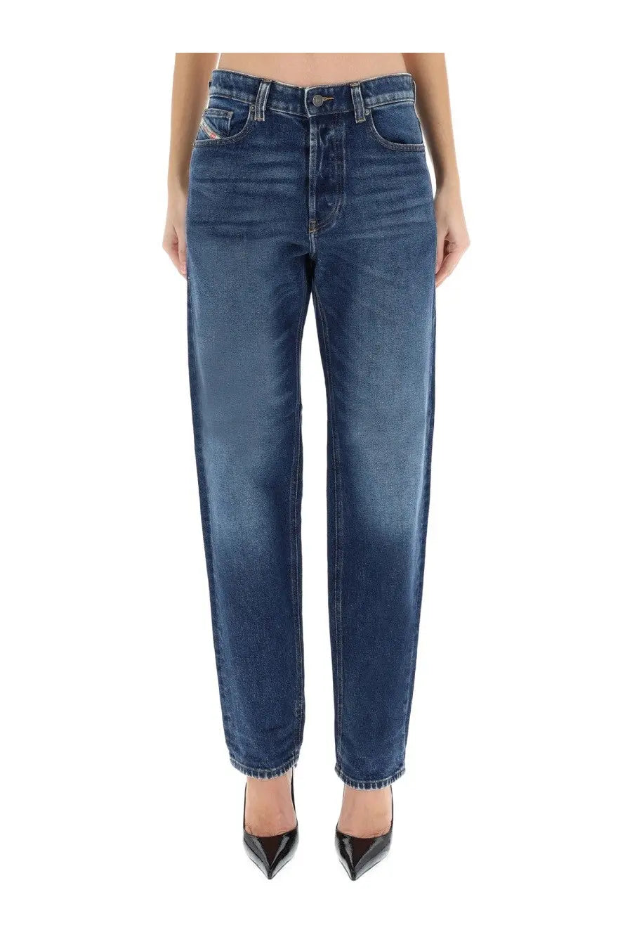 Diesel women’s ark jeans blue dark-wash denim with high-rise fit straight-leg cut classic stitching and belt loops