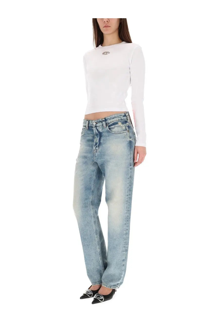Diesel women’s ark jeans blue light-wash denim with straight-leg cut and subtle fading front view