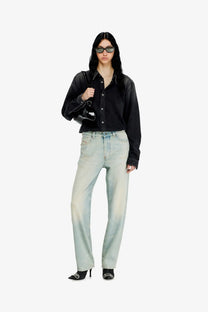 Diesel women’s ark jeans in washed out blue denim featuring light-wash straight-leg with subtle fading