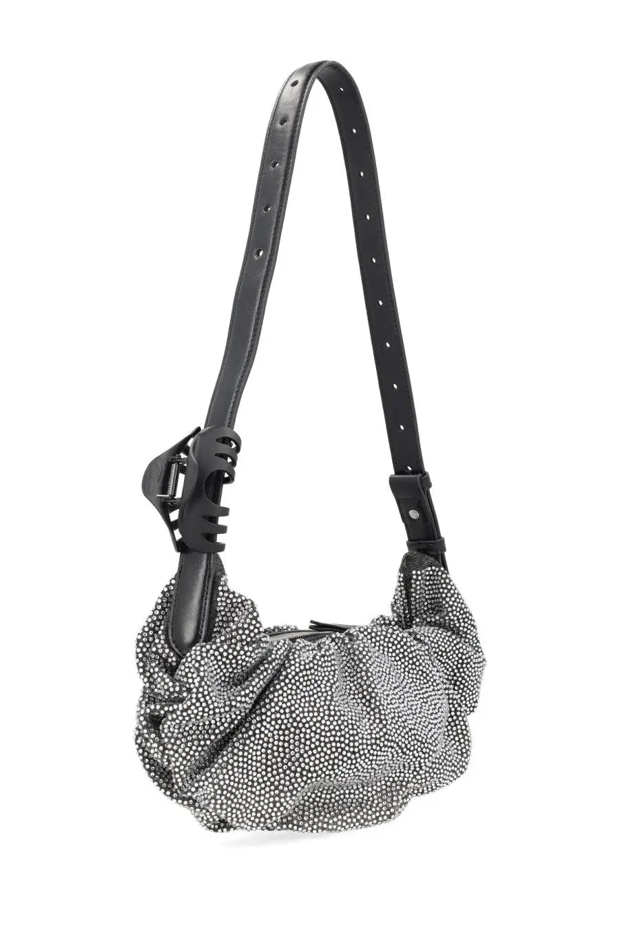 Diesel women’s black leather shoulder bag with ruched studded body and claw clip closure