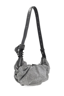 Diesel women’s black leather shoulder bag with ruched studded body and claw clip closure