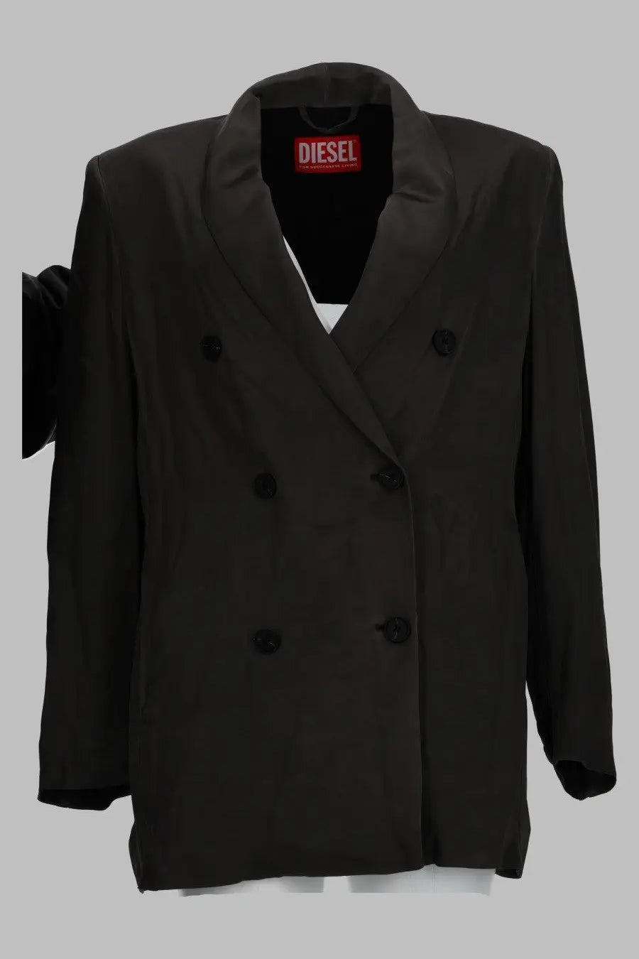 Diesel women’s black double-breasted blazer in viscosa fluida with sleek tailored fit and matching black buttons